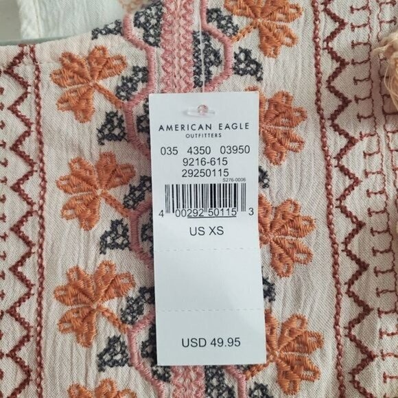 NEW American Eagle Embroidered Mixed Print Peasant Shirt Blouse Boho - Picture 8 of 8